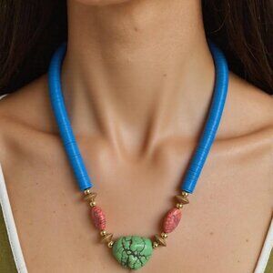 Blue/Coral/Green beaded choker